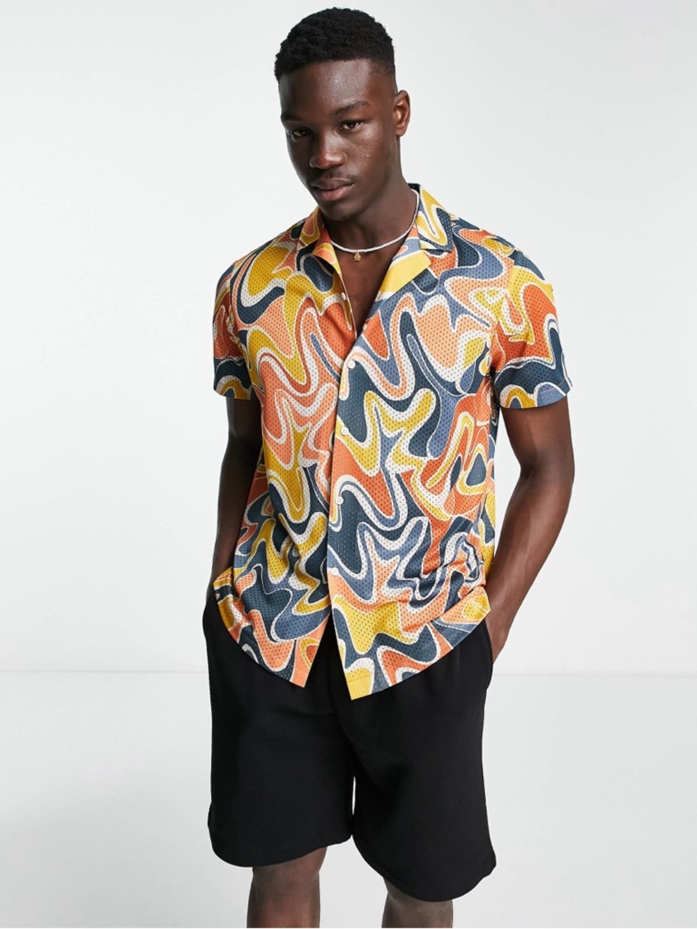 Topman airtex swirl print shirt in orange and blue